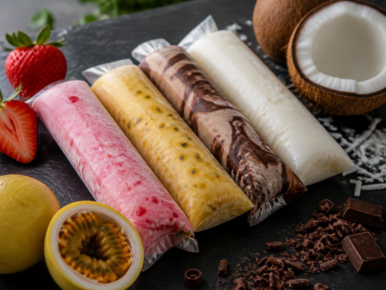 Geladinhos gourmet de morango, maracujá, chocolate e coco sobre pedra escura